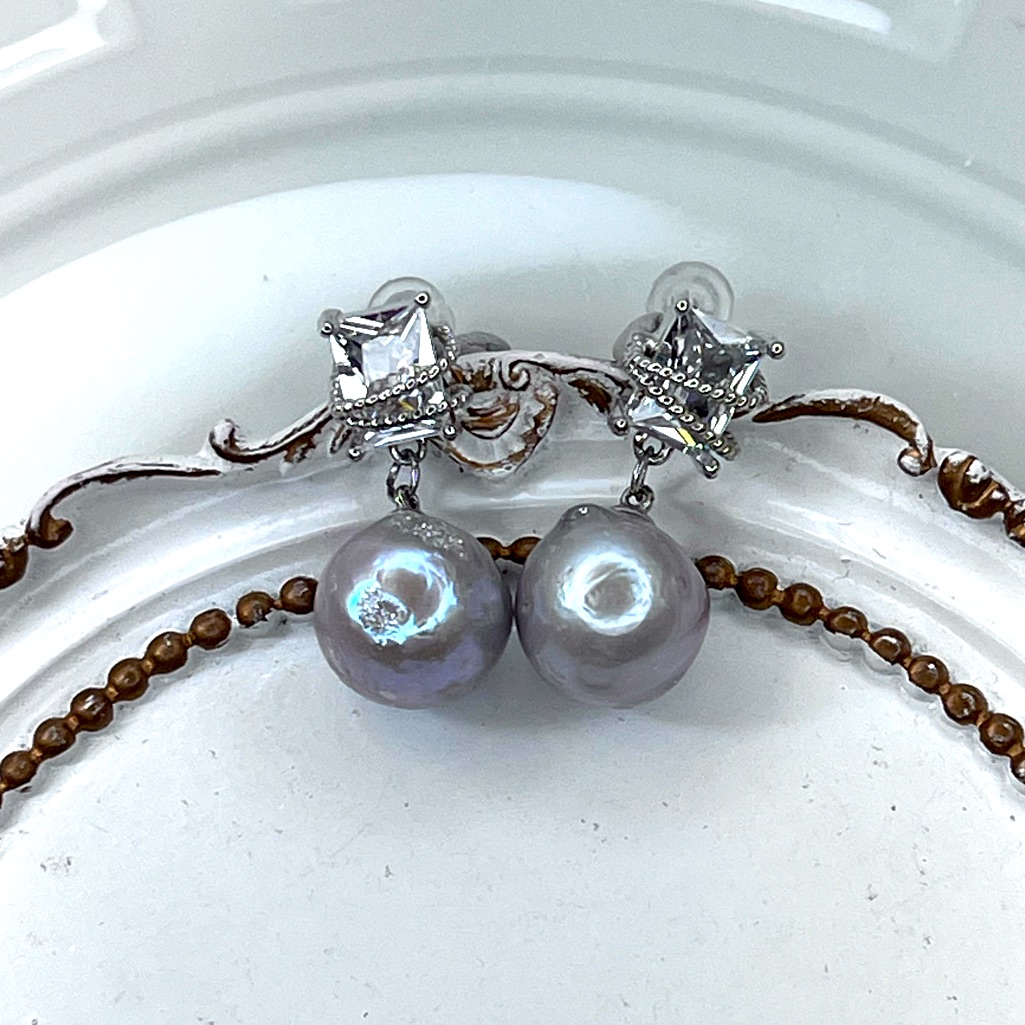 Handmade Freshwater 12mm Silvery Edison Pearl Crystal Earrings S925 Ss Posts